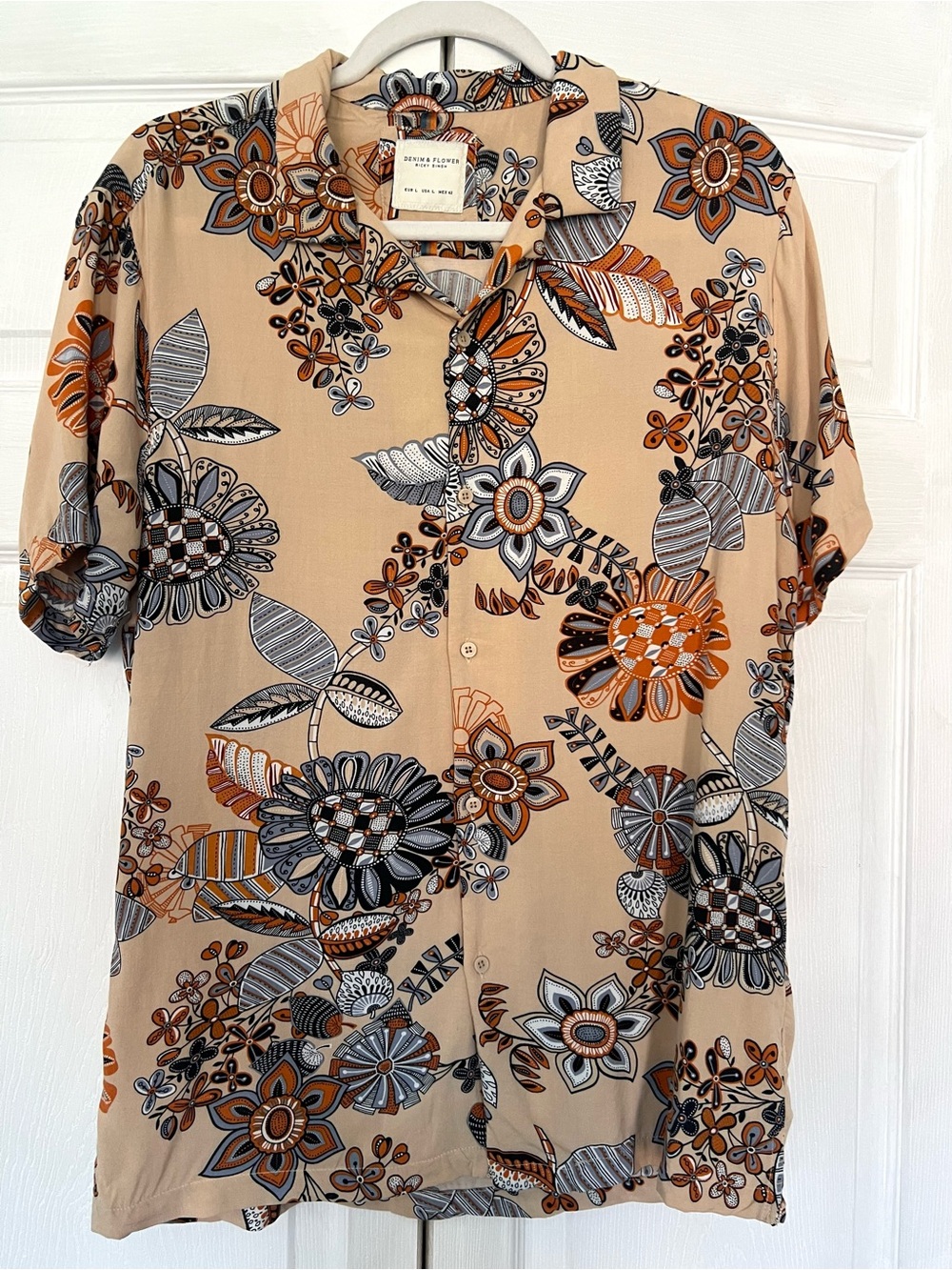 Denim & Flower Men’s Summer Floral Short-Sleeve Button-Up Shirt Viscose L